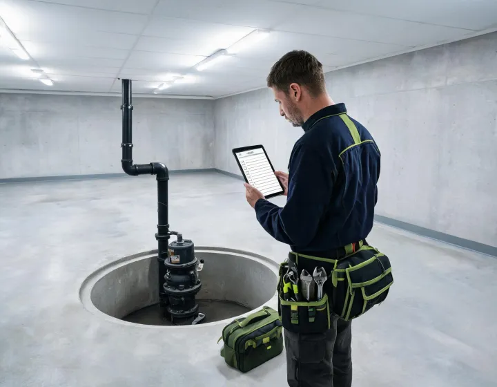 Pump service technician checking a basin installation